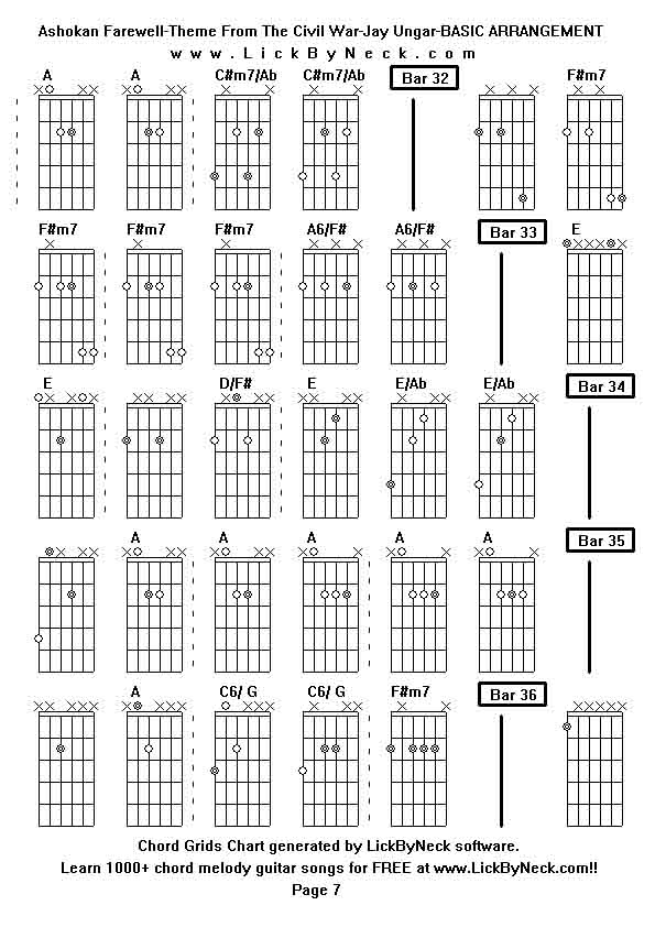 Chord Grids Chart of chord melody fingerstyle guitar song-Ashokan Farewell-Theme From The Civil War-Jay Ungar-BASIC ARRANGEMENT,generated by LickByNeck software.